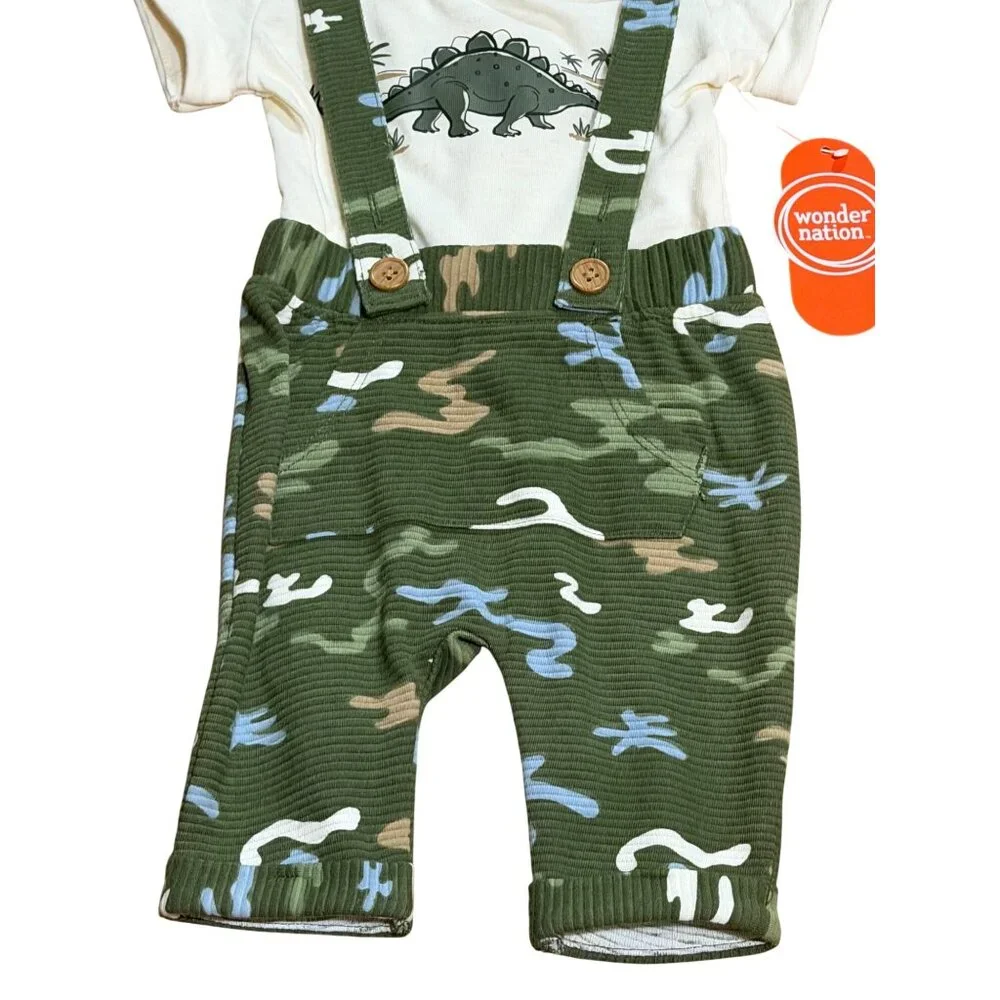 NWT Wonder Nation Baby Boys 0-3M‎ 2-Piece Outfit Set Dinosaur Shirt & Suspenders